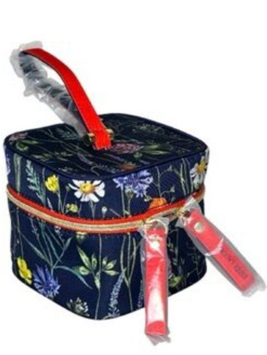 Estee Lauder Handbags - Estee Lauder Navy Blue Floral Makeup Bag Mini Cube Shape Train Case Travel Pouch